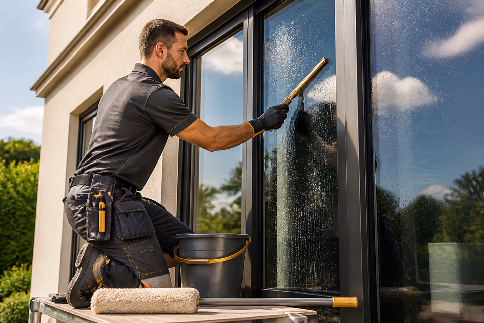 Window cleaner using a brass squeegee on a large exterior residential window