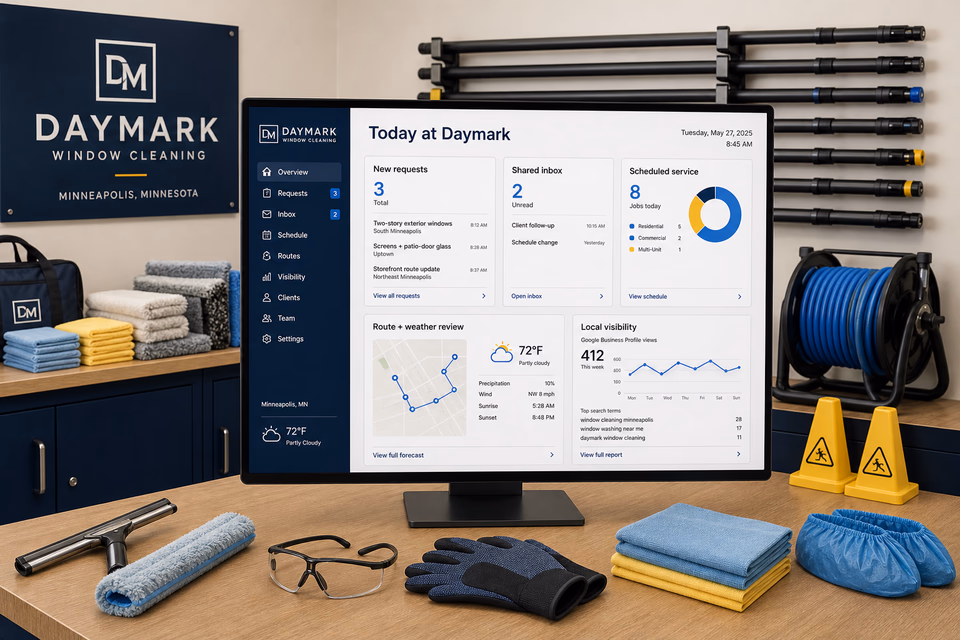 Daymark Window Cleaning operations dashboard with current leads, scheduling, service activity, local visibility, and customer reviews