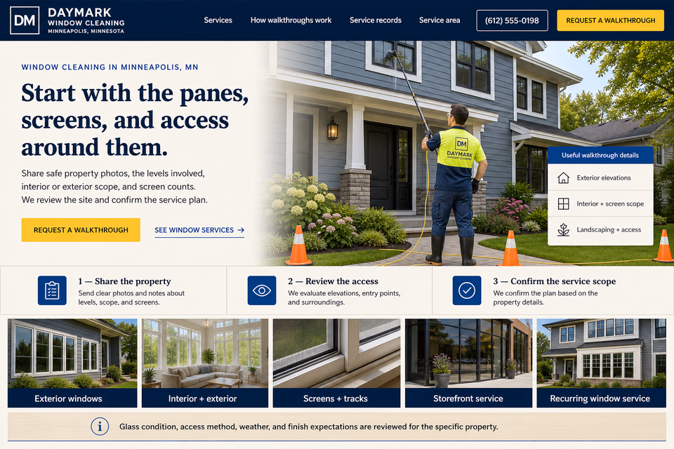 Daymark Window Cleaning customer-facing service page with clear local service details, proof, and a direct request path