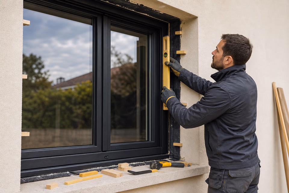 Window installer checking a black residential frame with a level and pale wood shims
