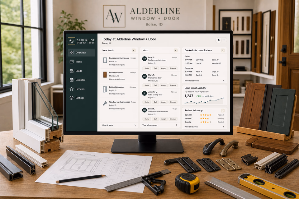 Alderline Window + Door operations dashboard with current leads, scheduling, service activity, local visibility, and customer reviews
