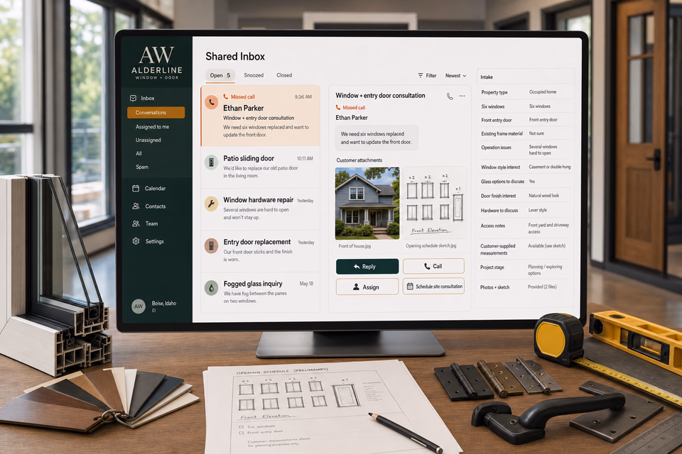 Alderline Window + Door response system showing the customer journey and the team's next action