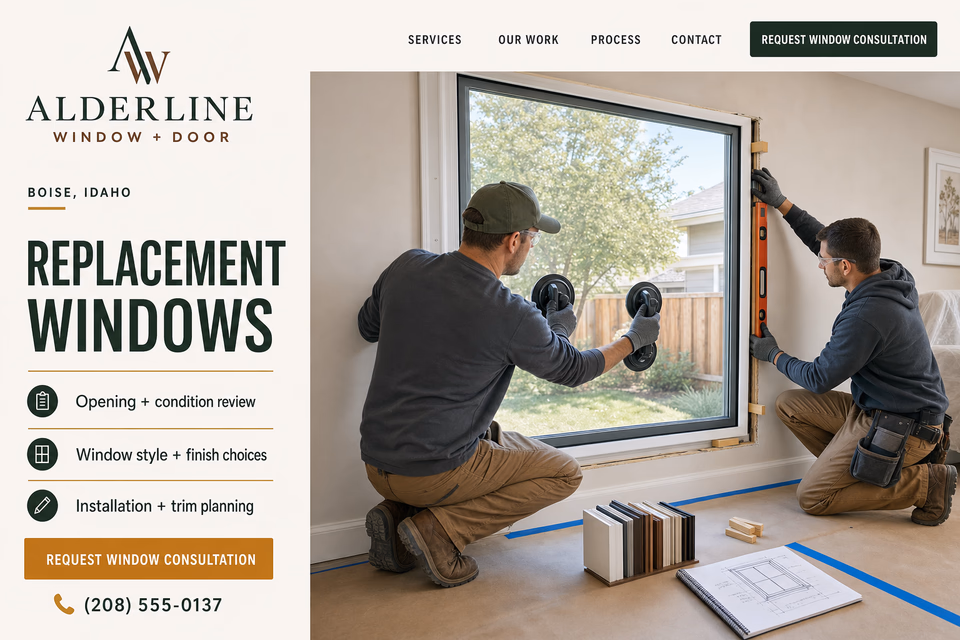 Alderline Window + Door customer-facing service page with clear local service details, proof, and a direct request path