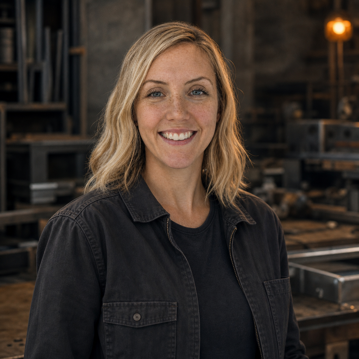Emily in a heavy fabrication workshop